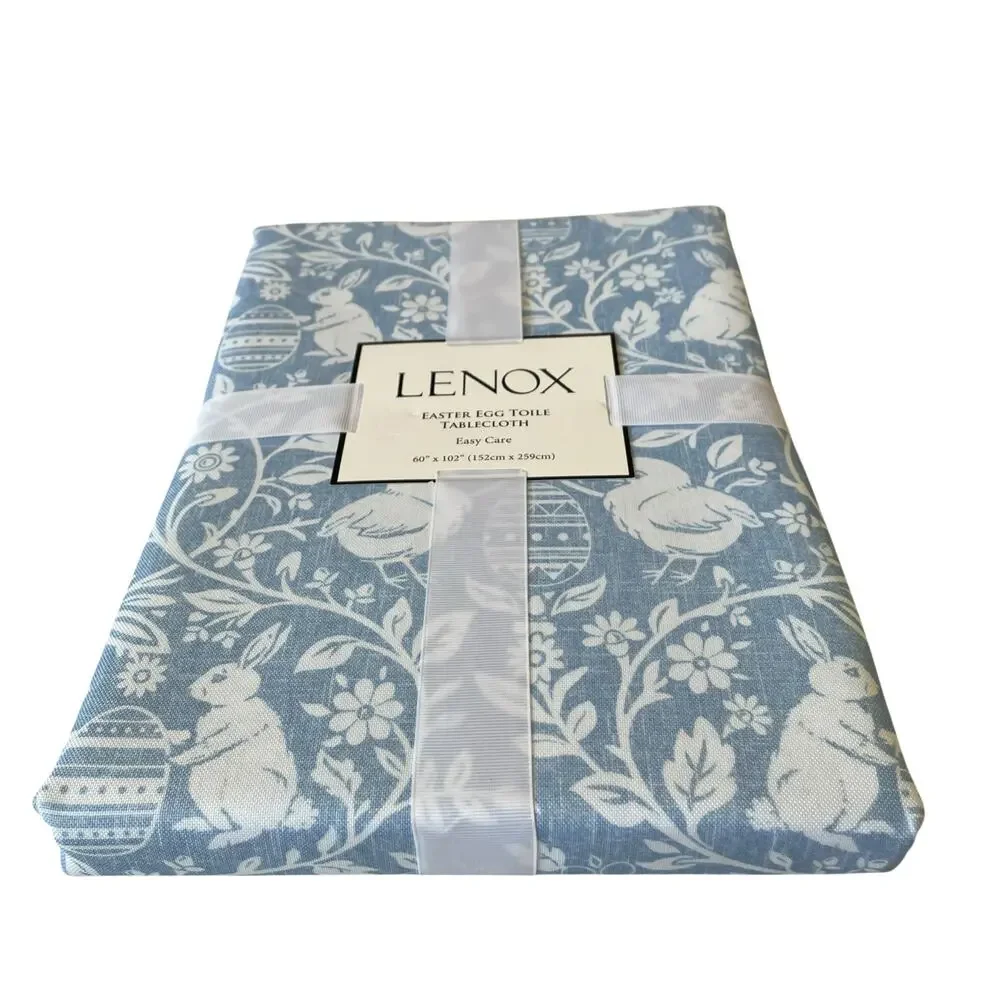 Lenox Blue Easter Egg Toile Bunny Rabbit Baby Chick Cloth Tablecloth 60” X 84”